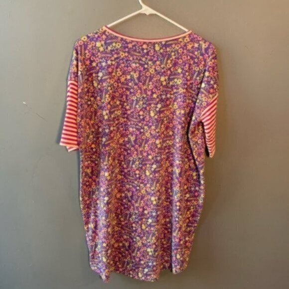 Lularoe Irma Tunic Top Purple Floral Pink Stripe Sleeve - Picture 8 of 10